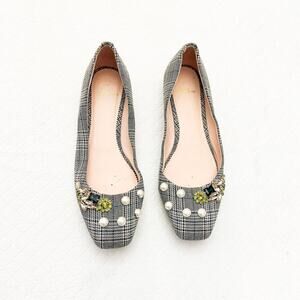 J. Crew Sally Poppy Ballet Flat Square Toe Plaid Pattern Pearl Beaded Size 9
